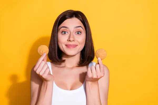 Photo Portrait Attractive Young Girl Hold Cookies Excited Wear Trendy — Stock Photo, Image
