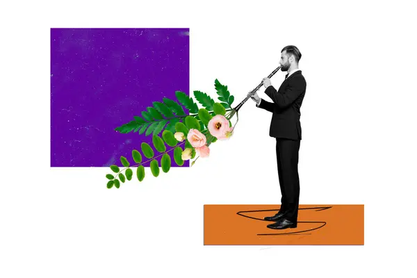 Creative Photo Collage Young Artist Gentleman Flourish Blossom Performer Trumpet — Stock Photo, Image