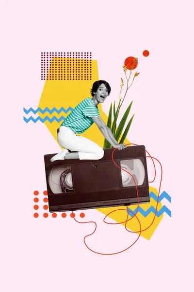 Creative Poster Collage Pretty Female Ride Fly Cassette Recorder Listen — стоковое фото