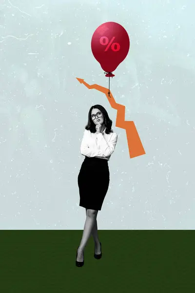 Collage Photo Verticale Une Femme Affaires Réfléchie Ballon Air Rouge — Photo
