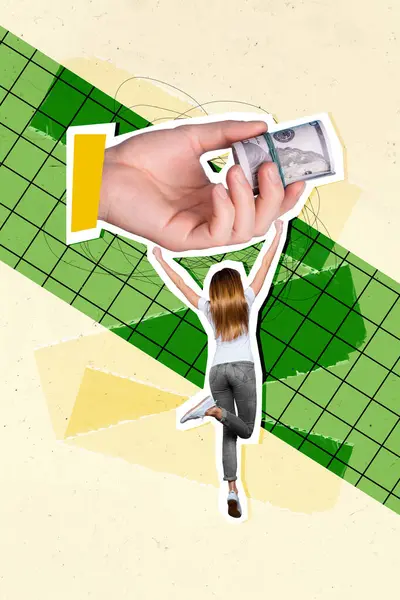 Vertical Foto Colagem Menina Stand Back Salto Mão Segurar Dólares — Fotografia de Stock