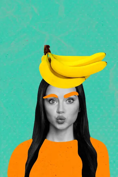 Vertical Collage Imagen Joven Bonita Mujer Plátano Frutas Tienda Supermercado —  Fotos de Stock