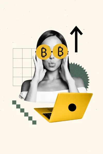 Vertical Photo Collage Happy Rich Woman Bitcoin Glasses Gold Crypto — Stock Photo, Image