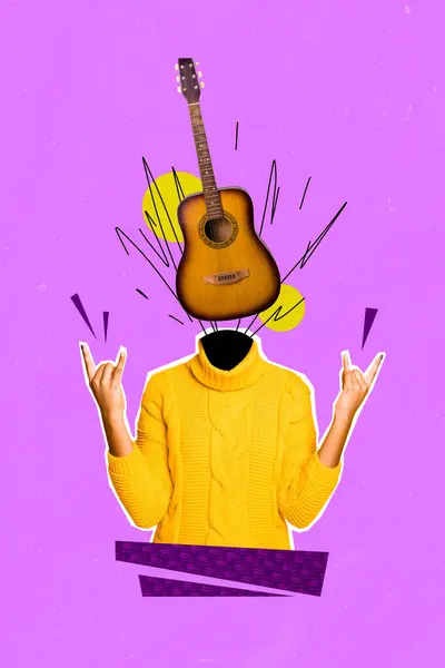 Vertical Collage Picture Headless Girl Showing Rockn Roll Gesture Funky — Stock Photo, Image