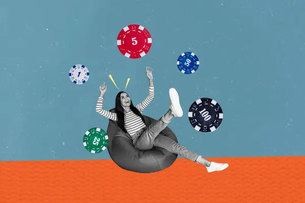 复合潮流素描形象3D照片拼贴黑白女子赌博坐在豆袋赌场晶片上飞来飞去 — 图库照片
