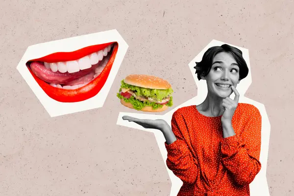 Creatief Beeld Collage Jong Dromerig Meisje Beslissen Eten Junk Fastfood — Stockfoto