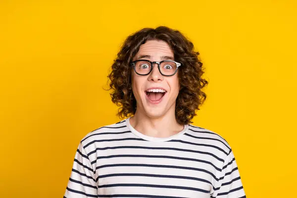 Portrait Young Curly Hair Student Guy Wearing Striped Stylish Shirt — Stok Foto