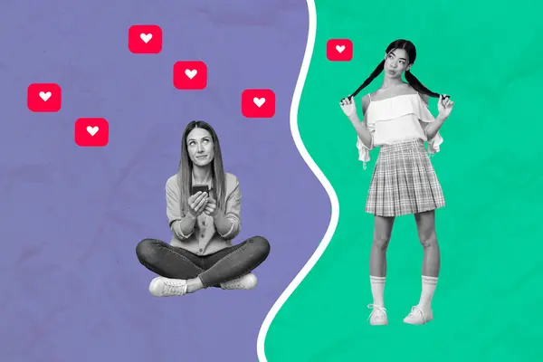 有创意的照片拼贴年轻的两个女孩拍推荐人社交媒体影响者博客收到反馈 — 图库照片