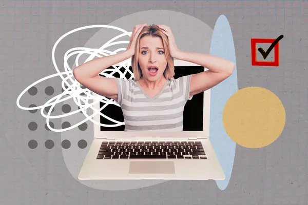 Kreative Bild Foto Collage Junge Schockierte Angst Sprachlose Mädchen Laptop — Stockfoto