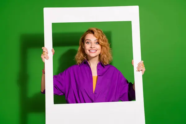 Photo Portrait Lovely Young Lady Hold Instant Photo Frame Toothy — Stock Photo, Image