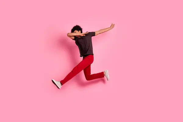 Full Length Body Photo Young Funny Energetic Positive Guy Jumping — Stock Photo, Image