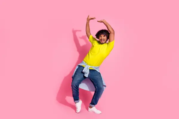 Photo Funny Positive Cool Man Wear Stylish Yellow Clothes Hold — Stock Photo, Image