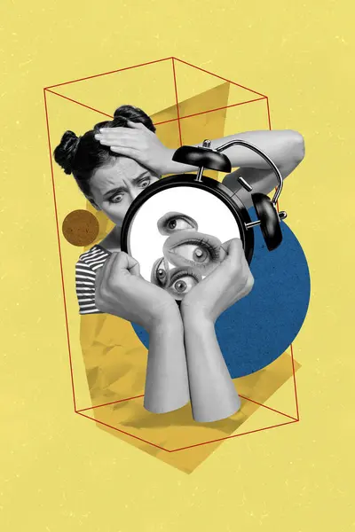 Collage Bild Poster Von Gestressten Depressiven Nervösen Mädchen Arbeit Terminkalender — Stockfoto