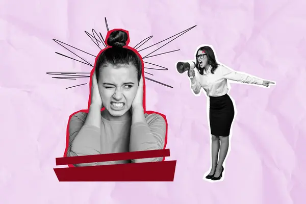 创意拼贴图片年轻的女老板尖叫员工扩音器冲突解雇问题指责冒犯画的背景 — 图库照片
