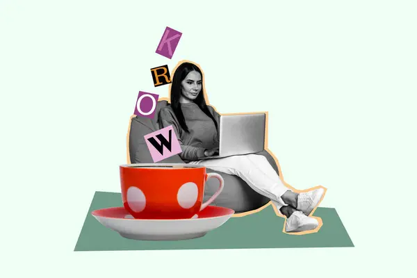 Colagem Imagem Criativa Jovem Focado Sentado Mulher Freelancer Trabalhador Laptop — Fotografia de Stock