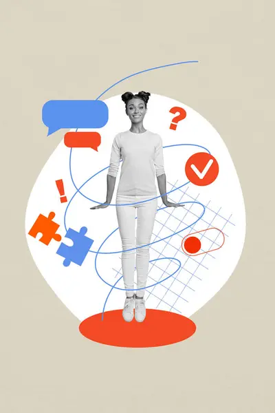 Kreative Trend Collage Von Unternehmerin Weiblich Nachdenklich Lösen Aufgabe Mitarbeiter — Stockfoto