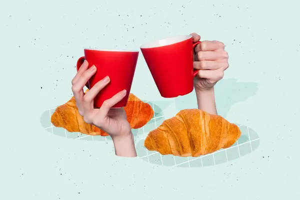 Composite collage picture image of hands hold croissant coffee mugs dessert cafe weird freak bizarre unusual fantasy.