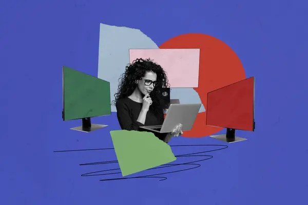 Composite photo collage of serious puzzled businesswoman watch macbook browsing computer monitor screen isolated on painted background.