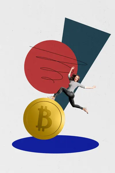Vertikal Kreativ Foto Collage Ung Glad Energisk Kvinna Bitcoin Gyllene — Stockfoto