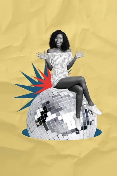Vertical Photo Collage Excited American Woman Sit Huge Disco Ball Stock Image