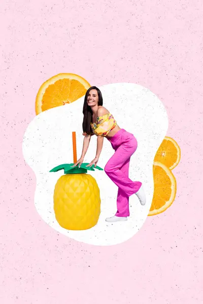 Vertical creative picture collage young beautiful girl cocktail pineapple orange juice fruits vitamins exotic vacation drawing background.
