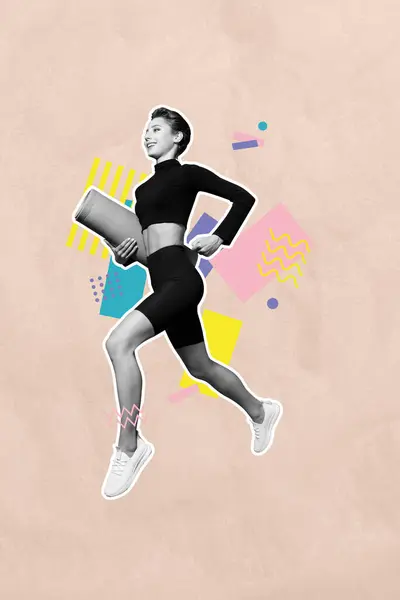 Vertical Photo Collage Happy Sportswoman Run Hold Karemat Routine Training — Stock Photo, Image