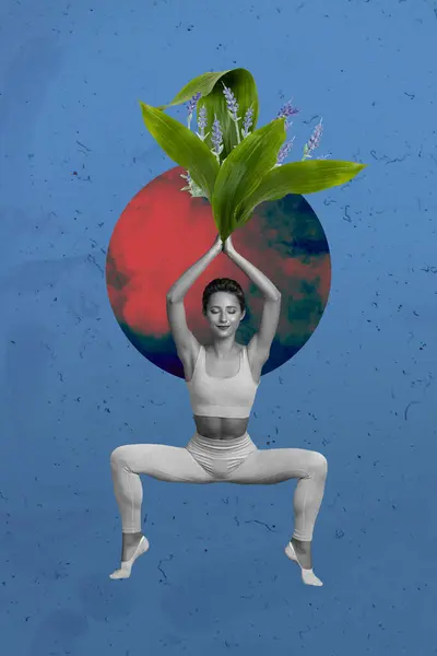 Collage Fotografico Verticale Mentalità Calma Ragazza Fare Stretching Pratica Ritiro — Foto Stock