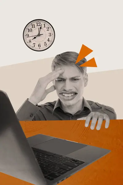 複合トレンドアートワークスケッチ画像コラージュ 黒い白いシルエットの若い男の過負荷頭痛ホールド ヘッドルックノートパソコン — ストック写真