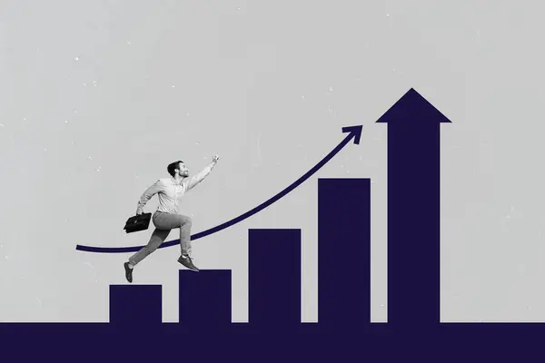 Composite trend artwork sketch 3D photo collage of confident man climb up stats platform job promotion arrow grow up success businessman.