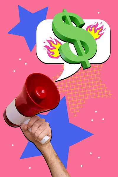 Imagem Colagem Composta Mão Segurar Anúncio Megafone Sinal Dólar Ganhando — Fotografia de Stock