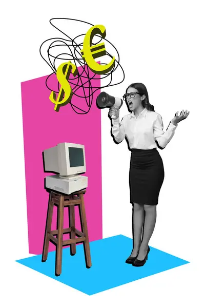 Творческий Абстрактный Шаблон Коллаж Офисного Работника Деловая Женщина Кричать Мегафон — стоковое фото