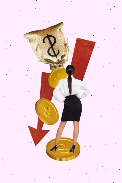 Vertical photo collage young attractive businesswoman standing golden coins btc direction arrow crisis money loss bankruptcy.