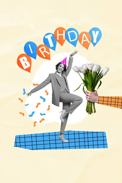 Verticale Creatieve Foto Collage Ansichtkaart Gelukkige Verjaardag Jonge Vrolijke Vrouw — Stockfoto