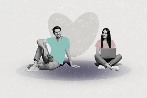 有创意的图片拼贴年轻夫妇2月2日庆祝情人节网上浪漫情爱笔记本电脑 — 图库照片