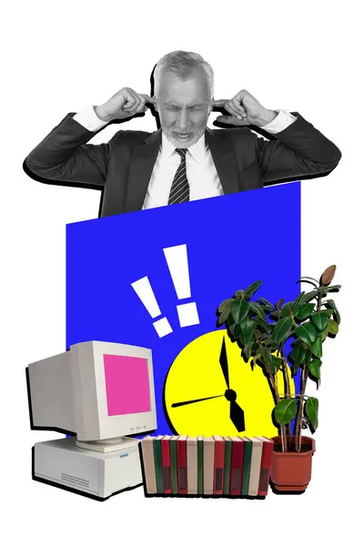 黑白色祖父盖耳计算机植物书钟的垂直组合拼贴图片 在创造性背景下被分离出来 — 图库照片