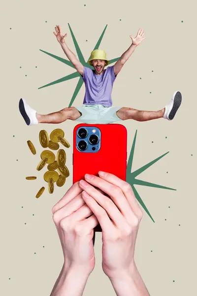 Colagem Modelo Abstrato Criativo Mãos Homem Animado Segurar Telefone Ganhando — Fotografia de Stock