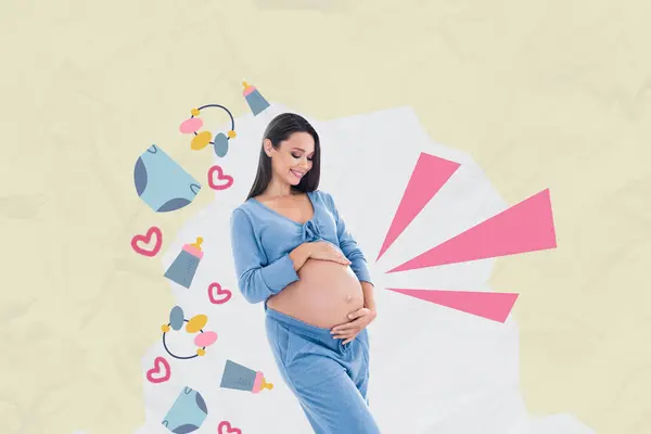 Tvůrčí Abstraktní Šablona Koláž Okouzlující Dívka Objetí Břicho Těhotná Matka — Stock fotografie