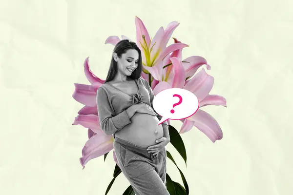 妊娠中の女性のクリエイティブトレンドコラージュ 質問マークベビージェンダーフラワー母日のお祝いの概念奇妙な奇妙な奇妙な奇妙な奇妙な — ストック写真