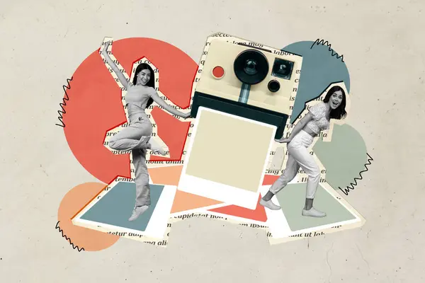 Composito Collage Foto Due Felice Ragazza Modello Posa Intervista Celebrità — Foto Stock
