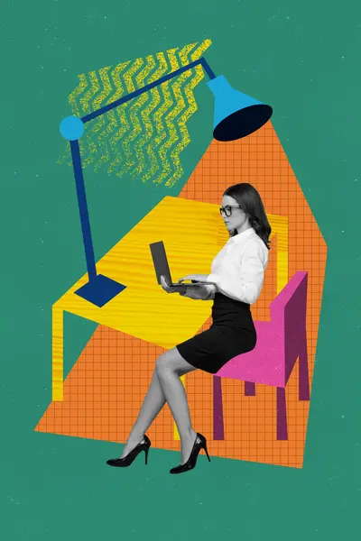 作業プロセスキャリア女性オフィスの起業家ファンタジービルボード漫画の複合コラージュ画像 最小限 — ストック写真