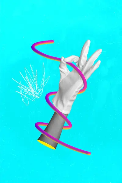 シアンカラーの背景に隔離された白い手袋で女性の手の周りに包むロープのコラージュ画像 — ストック写真