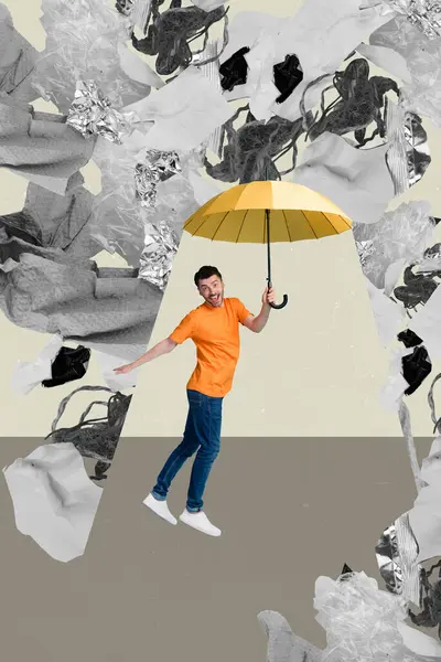 Trend artwork sketch composite photo collage of image young excited man stand under umbrella while trash rain garbage paper fall down.