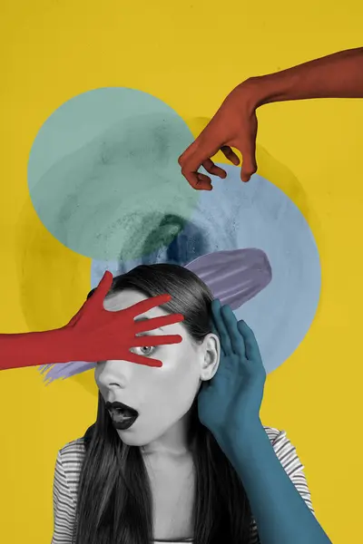Collage Kunstwerk Schets Van Gestresste Depressieve Vrouw Luisteren Haters Negatief — Stockfoto
