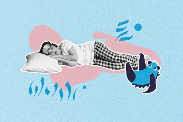 Collage Imagen Compuesta Chica Ensueño Pacífica Usar Pijamas Sueño Máscara —  Fotos de Stock