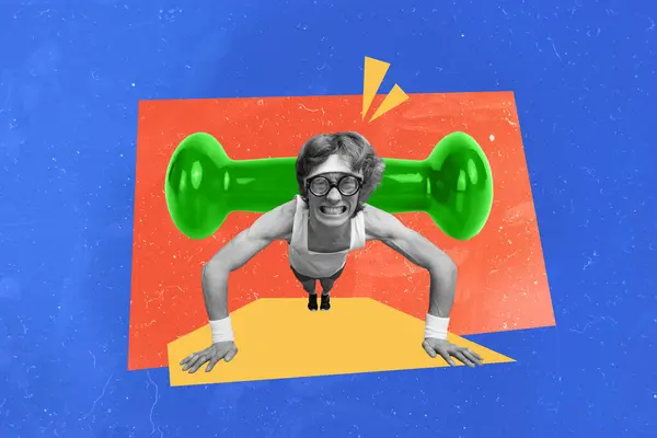 Kreatywny Plakat Collage Zabawny Młody Człowiek Robi Push Big Hantle — Zdjęcie stockowe