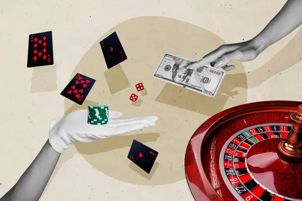 Collage Créatif Main Fragment Corps Jetons Pile Casino Revendeur Jeu — Photo