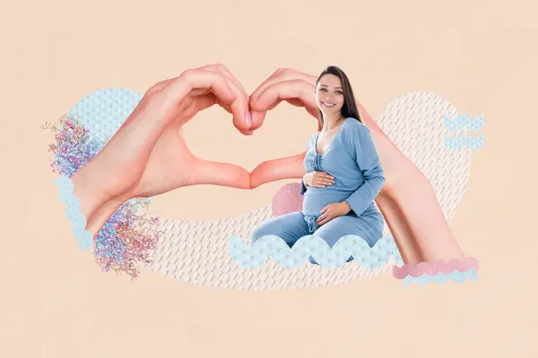 Koláž Image Retro Těhotné Ženské Ruce Ukazují Srdce Symbol Matka — Stock fotografie