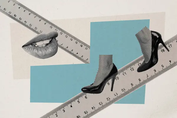 ブラックホワイトシルエットレディースピースボディ口唇脚の複合トレンドアートワーク写真コラージュは 定規ラインで歩くハイヒールを着用します — ストック写真