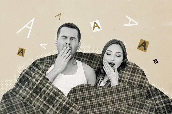 Composite photo collage of nice couple guy girl sit cozy plaid blanket bed yawn tired asleep relax leisure isolated on painted background.