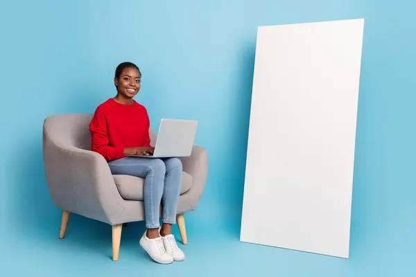 Full Body Photo Cute Millennial Lady Sit Promotion Type Laptop — Stock Fotó